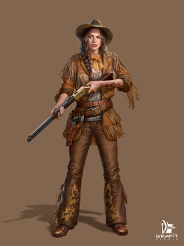 1girl absurdres ammunition arm_tattoo artist_logo belt blue_eyes braid braided_ponytail brown_background brown_belt brown_hair brown_hat brown_jacket brown_pants brown_shoes cowboy_hat cowboy_western cowgirl_(western) crossdraw_holster finger_on_trigger flower_tattoo fringe_trim full_body grafit_studio gun handgun handgun_cartridge hat highres holding holding_gun holding_weapon holster jacket kerchief lace-up_top left-handed logo long_hair looking_to_the_side open_clothes open_jacket original pants revolver rifle shadow shirt shoes simple_background solo standing tattoo weapon weapon_request white_shirt wild_frontier