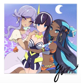 3girls aqua_eyes aqua_hair armlet belly_chain bike_shorts black_hair blue_eyes blue_eyeshadow blunt_bangs blush border breasts bright_pupils cleavage closed_mouth collar commentary_request crescent_moon dark-skinned_female dark_skin earclip earrings elesa_(pokemon) elesa_(sygna_suit)_(pokemon) eyelashes eyeshadow gloves hair_bun hand_on_another&#039;s_waist hoop_earrings jewelry lipstick long_hair makeup medium_breasts moon multicolored_hair multiple_girls nashirasauce navel necklace nessa_(pokemon) nintendo official_alternate_costume orange_gloves parted_lips pokemon pokemon_masters_ex pokemon_sv pokemon_swsh short_sleeves sidelocks signature single_hair_bun smile thick_eyelashes tulip_(pokemon) two-tone_hair white_border white_pupils