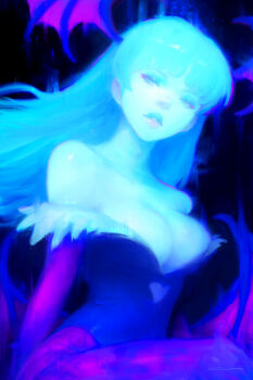 1girl alex_chow animal_print aqua_eyes aqua_hair bat_print bat_wings black_background blunt_bangs breasts bridal_gauntlets cleavage clothing_cutout commentary darkstalkers demon_girl fur-trimmed_leotard fur_trim head_wings heart_cutout highleg highleg_leotard highres large_breasts leotard long_hair looking_to_the_side morrigan_aensland off-shoulder_leotard pantyhose parted_lips print_pantyhose purple_bridal_gauntlets purple_pantyhose solo wings