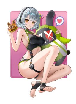 1girl absurdres alternate_costume amillion_(zenless_zone_zero) anby_demara bangboo_(zenless_zone_zero) black_one-piece_swimsuit border breasts burger clothing_cutout commentary food food_in_mouth grey_hair headphones heart highres holding holding_burger holding_food jyn_jyn large_breasts one-piece_swimsuit orange_eyes pink_background short_hair solo spoken_heart stirrup_footwear stomach_cutout swimsuit toes white_border zenless_zone_zero