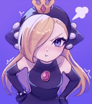 1girl aomie blonde_hair bracelet collarbone crown eyes_visible_through_hair hair_over_one_eye hands_on_own_hips jewelry looking_at_viewer mario_(series) mario_power_tennis mario_tennis nintendo pout purple_background purple_eyes purple_theme source_request spiked_bracelet spikes twitter_username v-shaped_eyebrows warupeach