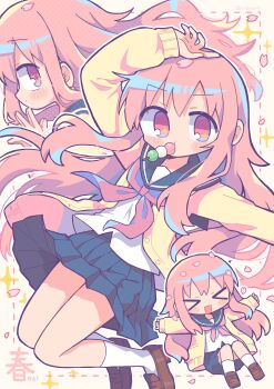 +_+ 1girl absurdres arm_up artist_name blue_sailor_collar blue_skirt blush_stickers brown_shoes buttons cardigan closed_mouth commentary_request dango double-parted_bangs food food_in_mouth full_body hair_between_eyes highres legs_up long_hair long_sleeves looking_at_viewer miniskirt neckerchief open_cardigan open_clothes original outstretched_arm petals pink_eyes pink_hair pleated_skirt red_neckerchief richard_(richaball) sailor_collar sanshoku_dango school_uniform serafuku shirt shoes simple_background skirt socks solo translation_request wagashi white_shirt white_socks yellow_background yellow_cardigan