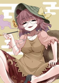 1girl animal_ears breasts brown_eyes brown_hair cleavage crossed_legs fangs futatsuiwa_mamizou glasses half-closed_eyes hat hat_bell holding holding_smoking_pipe kiseru large_breasts leaf leaf_on_head looking_at_viewer open_mouth pince-nez raccoon_ears raccoon_girl raccoon_tail shawl short_hair skirt smile smoking_pipe solo tail ten_desires touhou zetsumame