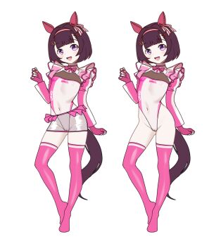 1girl animal_ears blunt_bangs blush bob_cut bow brown_hair cameltoe choker contrapposto covered_navel ear_bow ear_covers ear_flower ear_ornament fingerless_gloves flat_chest gloves gluteal_fold hair_ornament hairband highleg highleg_leotard highres horse_ears horse_girl horse_tail leotard loli long_sleeves looking_at_viewer multiple_views nishino_flower_(umamusume) open_mouth pink_choker pink_hairband pink_thighhighs purple_eyes race_queen see-through_clothes see-through_skirt short_hair shrug_(clothing) skin_tight skirt smile tail thighhighs ugohato umamusume white_background x_hair_ornament