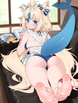 1girl ahoge animal_ear_fluff animal_ears ass barefoot bikini blonde_hair blue_bikini blue_eyes blue_hair breasts cat_ears fins fish_tail from_behind highres indie_virtual_youtuber long_hair looking_at_viewer looking_back low_twintails lying multicolored_hair on_stomach sameko_saba shark_tail sideboob small_breasts soles solo streaked_hair swimsuit tail toes twintails very_long_hair waterring