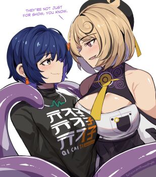 2girls animal_ears bare_shoulders belle_(zenless_zone_zero) beret black_hair black_hat black_shirt blonde_hair blue_hair breasts commentary english_commentary green_eyes hat highres hinghoi large_breasts looking_at_another monster_girl multicolored_hair multiple_girls purple_eyes scylla shirt short_hair simple_background streaked_hair tentacle_girl tentacles white_background yidhari_murphy yuri zenless_zone_zero