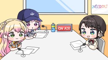 3girls :3 :d anchor_symbol baseball_cap blonde_hair blue_bow blue_eyes blue_hair blue_hat blue_sailor_collar blush_stickers bow braid breasts brown_hair brown_shirt chair chibi cleavage closed_mouth commentary_request double_bun dress gradient_hair green_eyes hair_bun hat hololive long_hair long_sleeves low_twintails medium_breasts microphone minato_aqua minato_aqua_(sailor) mochimiko momosuzu_nene momosuzu_nene_(1st_costume) multicolored_hair multiple_girls on_chair oozora_subaru oozora_subaru_(casual) open_mouth orange_dress parted_lips pink_hair puffy_long_sleeves puffy_sleeves purple_eyes red_bow sailor_collar school_uniform serafuku shirt sitting small_sweatdrop smile sweat table twin_braids twintails two-tone_hair two_side_up very_long_hair virtual_youtuber white_shirt window