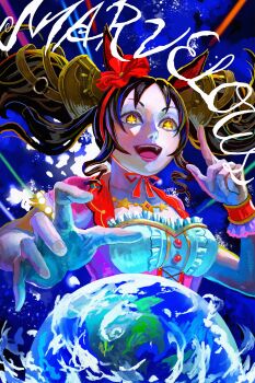 Rule 34 | + +, 1girl, absurdres, animal ears, black hair, blush, breasts, brown eyes, center frills, commentary, corset, dress, drill hair, drill sidelocks, earth (planet), english commentary, fang, floating hair, frills, giant, giantess, hair ornament, hairband, hand up, highres, horse ears, horse girl, index finger raised, long hair, looking at viewer, marvelous sunday (kira doki waku mabe) (umamusume), marvelous sunday (umamusume), multicolored dress, open mouth, orange eyes, pink lips, pinwheel hair ornament, planet, purple dress, red hairband, shirt, short sleeves, sidelocks, smile, solo, space, star (symbol), teeth, twintails, umamusume, upper teeth only, white shirt, wrist cuffs, yanmanxplore, yellow eyes