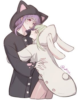 2girls bang_dream! bang_dream!_it&#039;s_mygo!!!!! eye_contact green_hair hero45439083942 highres hood hood_up hug long_hair looking_at_another multiple_girls onesie purple_hair simple_background wakaba_mutsumi white_background yellow_eyes yuri yuutenji_nyamu