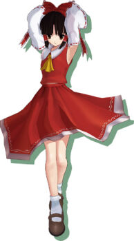 1girl 3d armpits arms_up ascot bow brown_eyes detached_sleeves dress enjou_yukito female_focus hair_bow hair_tubes hakurei_reimu short_hair solo touhou