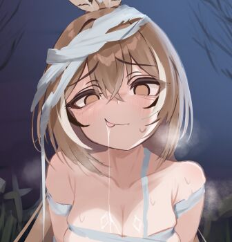 1girl absurdres bandaged_head bandages black_streaks breasts brown_eyes brown_hair cleavage drooling feathered_wings highres hololive hololive_english large_breasts long_hair looking_at_viewer lucien_000298 mummy_costume nanashi_mumei night outdoors saliva solo sweat tongue tongue_out virtual_youtuber white_streaks wings