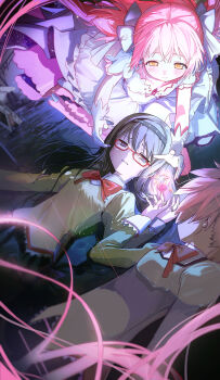 3girls absurdres akemi_homura black_hair blush bow broken_eyewear choker commentary_request crying dress dual_persona facing_away gab_0o0 gem glasses gloves grief_seed hair_bow hair_ribbon headband highres kaname_madoka long_hair magical_girl mahou_shoujo_madoka_magica mitakihara_school_uniform multiple_girls partially_submerged pink_gem pink_hair purple_eyes ribbon school_uniform smile twintails two_side_up ultimate_madoka very_long_hair water white_bow white_dress white_gloves yellow_eyes