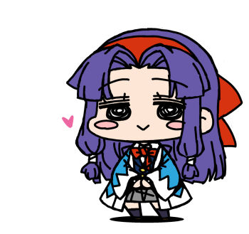1girl :> black_eyes blue_haori blue_jacket blush_stickers bow bowtie chibi chibi_only closed_mouth commentary_request curtained_hair full_body grey_skirt gyousatsu_shinsengumi hair_ribbon hairband haori heart jacket japanese_clothes kondou_yuuko long_hair long_sleeves looking_at_viewer low-tied_sidelocks own_hands_together purple_hair red_bow red_bowtie red_hairband red_ribbon ribbon shinsengumi sidelocks simple_background skirt smile solo standing white_background yagumo_kengou