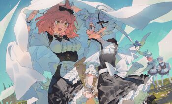 1boy 1girl alisaie_leveilleur alphinaud_leveilleur animal_ears apron back_bow basket bed_sheet black_bow black_bowtie black_dress blue_sky bow bowtie cat_ears cowboy_shot crossdressing crossdressing_(mtf) day dress earrings elezen elf eye_contact facial_mark fang final_fantasy final_fantasy_xiv frilled_dress frills hair_bow hair_ribbon highres holding holding_basket iiinarulil jewelry light_blush long_hair looking_at_another maid maid_headdress miqo'te open_mouth outdoors pointy_ears ribbon skin_fang sky smile standing warrior_of_light_(ff14) white_apron white_hair wrist_cuffs yellow_eyes