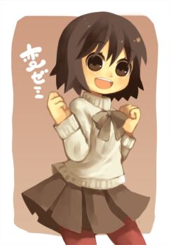 Rule 34 | 1girl, arms up, bad id, bad pixiv id, bob cut, bow, brown eyes, brown hair, female focus, hen zemi, latin?! (canteta), matsutaka nanako, pantyhose, short hair, skirt, smile, solo, sweater
