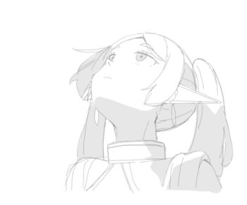 1girl capelet commentary_request cropped_torso earrings elf forehead frieren greyscale jewelry long_hair meme monochrome okota_mikan parted_bangs pointy_ears short_eyebrows simple_background solo sousou_no_frieren thick_eyebrows twintails upper_body upward_angle_frieren_drawing_(meme) white_background