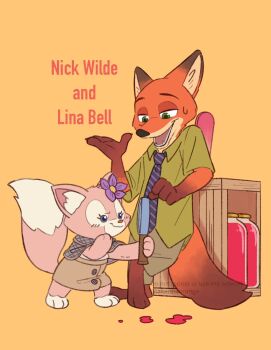1boy 1girl animal_ears company_connection crossover duffy_and_friends fox fox_ears fox_girl fox_tail full_body furry furry_female furry_male green_eyes highres linabell looking_at_viewer nick_wilde shirt smile species_connection standing tail takatmaorange zootopia
