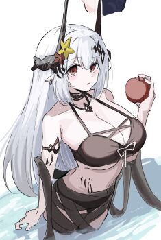 1girl apple arknights bikini black_bikini black_horns blush bone_hiko breasts cleavage flower food fruit hair_between_eyes highres holding holding_food holding_fruit horns infection_monitor_(arknights) large_breasts long_hair looking_at_viewer material_growth mudrock_(arknights) mudrock_(silent_night)_(arknights) oekaki official_alternate_costume oripathy_lesion_(arknights) parted_lips pointy_ears red_eyes red_flower solo swimsuit white_hair yellow_flower