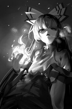 1girl absurdres bow collared_shirt fire flat_chest fujiwara_no_mokou greyscale hair_bow highres long_hair long_sleeves looking_at_viewer looking_down mira_mira_mira monochrome pants pyrokinesis shirt solo suspenders touhou two-tone_bow