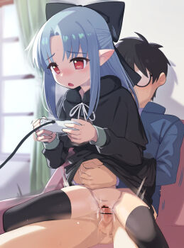 1boy 1girl bar_censor black_bow black_capelet black_dress black_hair black_thighhighs blue_hair blush bow breath capelet censored clothes_lift controller couch curtains dress dress_lift game_controller girl_on_top glasses hair_bow hetero holding holding_controller indoors len_(tsukihime) loli lolicom long_hair motion_lines no_panties on_couch on_lap on_person open_mouth penis playing_games pointy_ears pussy pussy_juice red_eyes sex sitting speed_lines thighhighs tsukihime vaginal window