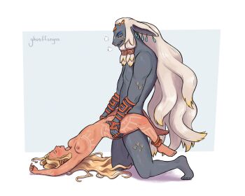 1boy 1girl artist_name blonde_hair body_markings breasts closed_eyes commentary couple dark-skinned_male dark_skin earrings english_commentary facial_mark female_pubic_hair from_side full_body furry furry_male furry_with_non-furry ghostlui hair_tubes hetero highres interspecies jewelry kneeling long_hair male_pubic_hair navel nintendo nipples pointy_ears pubic_hair rauru_(tears_of_the_kingdom) second-party_source sex sonia_(zelda) the_legend_of_zelda the_legend_of_zelda:_tears_of_the_kingdom vaginal white_hair zonai