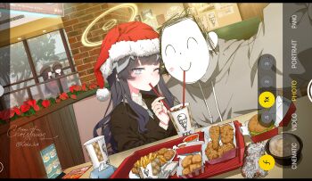 1boy 3girls absurdres animal_ears artist_name beret black_hair black_serafuku blue_archive blue_eyes booth_seating brown_jacket burger chicken_(food) chicken_nuggets chicken_sandwich christmas coke_kat commentary covered_eyes cup disposable_cup dog_ears dog_girl doodle_sensei_(blue_archive) drinking drinking_straw drinking_straw_in_mouth english_commentary fake_phone_screenshot fake_screenshot fast_food food french_fries fried_chicken grey_hoodie hair_over_eyes halo hat hibiki_(blue_archive) highres holding_straw hood hoodie indoors jacket jewelry justice_task_force_member_(blue_archive) kfc letterboxed lipstick_mark lipstick_mark_on_cheek long_hair looking_at_viewer merry_christmas multiple_girls nail_polish neckerchief necklace one_eye_closed reaching reaching_towards_viewer red_halo red_neckerchief restaurant santa_hat school_uniform selfie sensei_(blue_archive) serafuku soda sweater turtleneck turtleneck_sweater twitter_username wink_star yellow_halo yellow_nails yellow_sweater