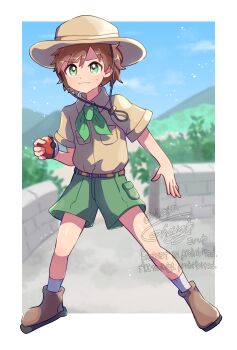 Rule 34 | 1boy, belt, blurry, blurry background, border, breast pocket, brown belt, brown hair, brown shoes, budding expeditioner (pokemon), cargo shorts, closed mouth, collared shirt, commentary request, day, green eyes, green shorts, hat, highres, holding, holding poke ball, kohaya (cosagao), legs apart, male focus, nintendo, outdoors, pocket, poke ball, poke ball (basic), pokemon, pokemon tcg, pokemon tcg pocket, shirt, shoes, short hair, short sleeves, shorts, socks, solo, white border