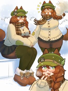 Rule 34 | 1girl, :3, animal ears, black skirt, blush, boots, braid, breasts, brown boots, brown coat, brown hair, coat, dog ears, dog girl, dog tail, fur-trimmed boots, fur trim, green eyes, green hat, green leggings, hat, highres, indie virtual youtuber, large breasts, leggings, mint castella, mint castella (winter), notice lines, pie (aipiepo), plaid clothes, plaid scarf, plump, red-framed eyewear, scarf, single braid, skirt, snow, tail, tail wagging, virtual youtuber, waving, winter