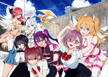 2.5_jigen_no_ririsa 6+girls amano_ririsa ariel_(2.5_jigen_no_ririsa) ariel_(2.5_jigen_no_ririsa)_(cosplay) arms_up artist_request bare_shoulders behind_another belt black_garter_straps black_hair black_nails black_skirt black_sleeves black_thighhighs blonde_hair blue_eyes blue_necktie blue_skirt blue_sky blush bow bowtie breasts cloud cloudy_sky collared_shirt cosplay crop_top detached_sleeves dual_persona garter_straps glasses green_eyes grin hair_between_eyes hair_ornament hair_over_one_eye hand_on_another&#039;s_shoulder highres holding holding_weapon kisaki_aria large_breasts liliel_(2.5_jigen_no_ririsa) liliel_(2.5_jigen_no_ririsa)_(cosplay) long_hair looking_at_viewer lower_teeth_only midriff miriella_(2.5_jigen_no_ririsa) miriella_(2.5_jigen_no_ririsa)_(cosplay) multicolored_hair multiple_girls necktie nokiel_(2.5_jigen_no_ririsa) nokiel_(2.5_jigen_no_ririsa)_(cosplay) nonoa_(2.5_jigen_no_ririsa) official_art open_mouth orange_hair pink_belt pink_eyes pink_hair pink_skirt plaid_clothes plaid_necktie pleated_skirt purple-framed_eyewear purple_eyes purple_hair red_bow red_bowtie red_eyes red_hair school_uniform serafuku shirt shirt_tucked_in short_hair short_sleeves skirt sky sleeveless small_breasts smile star_(symbol) star_hair_ornament tachibana_mikari tan teeth thighhighs two-tone_hair two-tone_skirt two_side_up unmoving_pattern upper_teeth_only weapon white_garter_straps white_hair white_shirt white_skirt white_sleeves white_thighhighs white_undershirt white_wings wings