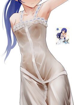 Rule 34 | 1girl, absurdres, arm up, armpits, blue hair, ch2haya p, commentary, dress, eyes out of frame, flat chest, head out of frame, highres, idolmaster, idolmaster (classic), idolmaster million live!, idolmaster million live! theater days, kisaragi chihaya, long hair, nipples, no bra, no panties, official alternate costume, official art inset, petite, ponytail, pure onepiece (idolmaster), reference inset, revision, see-through clothes, simple background, solo, standing, sundress, untranslatable commentary, white background, white dress