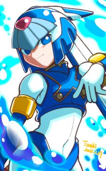 1girl armor blue_armor blue_eyes blue_helmet cowboy_shot fairy_leviathan_(mega_man) fins forehead_jewel head_fins helmet highres mega_man_(series) mega_man_zero_(series) n2ure7tfisnzmcd simple_background solo water white_background