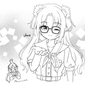 Rule 34 | 2girls, ;), ahoge, anyoji hime, blowing kiss, blush, breast pocket, closed mouth, collarbone, cropped torso, flower, glasses, greyscale, hair flower, hair ornament, hasu no sora school uniform, heart, heart ahoge, highres, link! like! love live!, long hair, looking at viewer, love live!, mira-cra park!, monochrome, multiple girls, neckerchief, okome (okome l l), one eye closed, osawa rurino, own hands together, pocket, puffy short sleeves, puffy sleeves, sailor collar, school uniform, short sleeves, sidelocks, smile, solo focus, split mouth, summer uniform, twintails, virtual youtuber