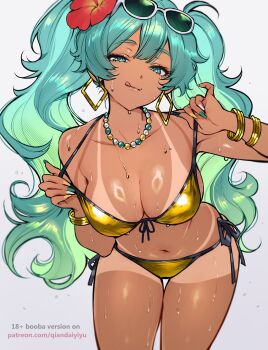 1girl :q aqua_eyes aqua_hair bead_choker beads bikini bikini_tan bracelet brazilian_miku breasts dark-skinned_female dark_skin earrings gold_bikini gold_bracelet hatsune_miku highres jewelry large_breasts leaning_forward looking_at_viewer qiandaiyiyu rectangular_earrings shorts_tan solo sweat swimsuit tan tanline tongue tongue_out vocaloid white_background