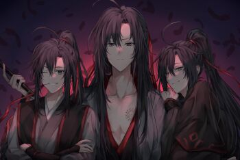 3boys absurdres ahoge black_feathers black_hair black_hanfu branded chenqing_flute chinese_clothes clone closed_mouth coat collarbone commentary_request crossed_arms dizi falling_feathers feathers flute grey_coat grey_eyes grey_shirt grin hair_between_eyes hair_down hair_ribbon half_updo hand_on_another's_shoulder hand_up hanfu high_ponytail highres holding holding_flute holding_instrument instrument long_hair long_sleeves looking_at_viewer male_focus modao_zushi mouth_hold multiple_boys multiple_persona official_alternate_costume official_alternate_hairstyle one_eye_closed open_clothes open_coat parted_bangs pectoral_cleavage pectorals ponytail red_eyes red_ribbon ribbon robe scar scar_on_chest shirt sidelocks sleeves_past_wrists smile stalk_in_mouth time_paradox transverse_flute upper_body very_long_hair wei_wuxian wei_wuxian_(yiling_laozu) wei_wuxian_(yunmeng_clan) wide_sleeves yume_kun
