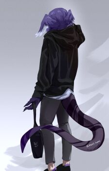 1girl absurdres black_hoodie black_shoes braid dragon_tail from_behind full_body grey_background grey_pants head_wings highres holding hood hoodie looking_down lumirumi nijisanji nijisanji_en pants purple_hair selen_tatsuki selen_tatsuki_(1st_costume) shoes sneakers solo standing tail twin_braids twitter_username virtual_youtuber wings