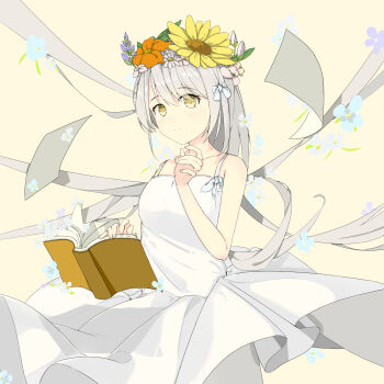 Rule 34 | 1girl, absurdres, bare shoulders, book, closed mouth, dress, flower, grey hat, hair flower, hair ornament, hair ribbon, hand up, hat, highres, kazeno (pixiv 106099091), looking at viewer, making-of available, open book, orange flower, original, ribbon, sleeveless, sleeveless dress, sunflower, upper body, white dress, yellow eyes, yellow flower