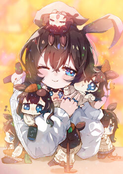6+girls :t ;) absurdly_long_hair amiya_(arknights) animal_ears arknights black_pantyhose blue_skirt bow bow_panties brown_hair brown_sweater carrot carrying carrying_under_arm chibi chibi_on_head closed_eyes closed_mouth commentary_request eighth_note flying_sweatdrops highres jacket jewelry long_hair long_sleeves mini_person minigirl multiple_girls musical_note on_head one_eye_closed open_mouth panties pantyhose pleated_skirt ponytail puffy_long_sleeves puffy_sleeves rabbit_ears rabbit_girl rabbit_tail ribbed_sweater ring skirt smile standing sukima_(crie) sweater tail underwear upside-down very_long_hair white_jacket white_panties