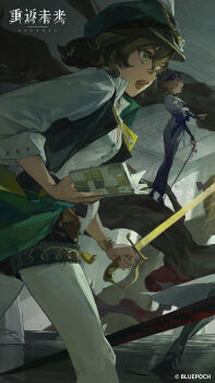 2girls absurdres black_shorts black_vest blonde_hair brown_hair cane copyright_name copyright_notice dress druvis_iii fighting_stance florakinesis green_eyes green_hat hat highres hobble_dress holding holding_cane holding_notebook holding_sword holding_weapon indoors logo long_dress multiple_girls newsboy_cap notebook official_art official_wallpaper open_clothes open_mouth open_vest pantyhose plant profile recoleta_(reverse:1999) reverse:1999 shirt short_hair short_shorts shorts sword vest vines weapon white_dress white_pantyhose white_shirt