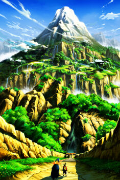 00s 1boy alternate_costume cliff cloud day epic ethan_(pokemon) forest gen_2_pokemon grand_scale hat highres looking_up mountain mt.silver nature nintendo outdoors path pokemon pokemon_(creature) pokemon_hgss road scenery sei_jun sky tree typhlosion water waterfall