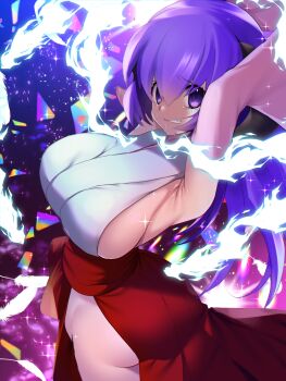 1girl armpits ass bdsm bondage bound breasts clenched_teeth crying detached_sleeves feathers groin hair_between_eyes hakama hands_up hanyuu highres higurashi_no_naku_koro_ni horns japanese_clothes kimono large_breasts miko no_bra no_panties nontraditional_miko purple_eyes purple_hair red_hakama restrained shards solo sparkle tajima_yoshikazu tears teeth