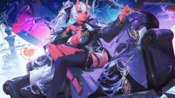 Rule 34 | 1girl, akishycat, akumi (yoclesh), aqua nails, artist name, black collar, black jacket, black shoes, black thighhighs, breasts, cape, cleavage, collar, colored skin, commission, couch, dated, demon horns, globe, hair between eyes, hand on own chest, high heels, highres, holding, holding quill, horns, indie virtual youtuber, jacket, large breasts, long hair, looking at viewer, looking down, on couch, pillow, planet, pointy ears, purple cape, quill, red skin, ship, shoes, sitting, smile, solo, star (sky), swept bangs, thighhighs, twintails, watercraft, white hair, yellow eyes