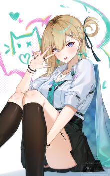 1girl :p aqua_necktie black_nails black_skirt black_socks blonde_hair braid braided_bangs breasts collared_shirt commentary earrings feet_out_of_frame fingernails hair_ornament hand_up highres jacket jewelry knees_together_feet_apart long_hair looking_at_viewer lynae_(wuthering_waves) medium_breasts multicolored_hair nail_polish necklace necktie purple_eyes shirt shirt_tucked_in sitting skirt skull_hair_ornament socks solo star_(symbol) star_earrings streaked_hair tacet_mark_(wuthering_waves) tongue tongue_out w white_background white_jacket white_shirt wuthering_waves yunoji_(onigiri_yumi09)