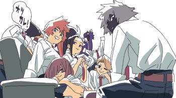 4boys 4girls :&gt; ajifryda aoyama_yuuga black_skin blonde_hair boku_no_hero_academia brown_hair clenched_teeth colored_skin couch dark_shadow fukidashi_manga grey_hair hagakure_toru hair_over_one_eye hunched_over invisible_man kendou_itsuka komori_kinoko kuroiro_shihai looking_back multiple_boys multiple_girls necktie one_eye_closed orange_hair parted_lips red_necktie school_uniform side_ponytail sitting speech_bubble teeth tokoyami_fumikage u.a._school_uniform yaoyorozu_momo