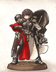 Rule 34 | 1girl, adapted costume, adepta sororitas, armor, armored boots, backpack, bag, bolt pistol, boobplate, boots, braid, breastplate, brown eyes, brown hair, commentary, english commentary, full body, gauntlets, greaves, gun, handgun, highres, holding, holding gun, holding weapon, ironlily, kite shield, low twin braids, miniature, ordo mediare sisters (ironlily), parody, sheath, sheathed, shield, shield on back, solo, sword, tabard, twin braids, twin braids sister (ironlily), warhammer 40k, weapon