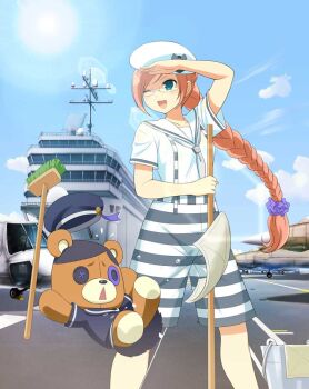 1girl aircraft aircraft_carrier airplane ascot black_shorts black_trim blue_eyes blue_sky blush braid breasts bucket button_eyes buttons collarbone fighter_jet gesture_request glasses grey_ascot hair_ornament hair_scrunchie hand_over_eye hat helicopter holding holding_mop kumapooh_(senran_kagura) long_braid long_hair military_hat military_vehicle mop mopping non-web_source official_alternate_hairstyle official_art one_eye_closed open_mouth orange_hair outdoors paper pleated_skirt purple_scrunchie radio_antenna ranmaru_(senran_kagura) runway sailor sailor_collar scrunchie senran_kagura senran_kagura_new_wave ship shirt short_sleeves shorts single_braid skirt sky slipping small_breasts smile striped_clothes striped_shorts stuffed_animal stuffed_toy sun suspender_shorts suspenders teddy_bear two-tone_shorts warship watercraft wheel white_hat white_sailor_collar white_shirt white_shorts