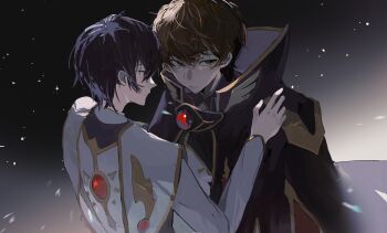 2boys absurdres black_hair black_jacket brown_hair chinese_commentary closed_mouth code_geass commentary_request gold_trim green_eyes hand_on_another's_shoulder highres jacket kuma_(yoooooooo152) kururugi_suzaku lelouch_vi_britannia long_sleeves male_focus multiple_boys purple_eyes short_hair smile white_jacket