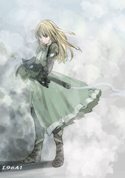 1girl ai_arctic_warfare blonde_hair blue_eyes bolt_action boots casing_ejection dress female_focus gun gun_sling l96 long_hair rifle scope shell_casing smoke smoking_barrel sniper sniper_rifle solo weapon wind youki_(mira_555)