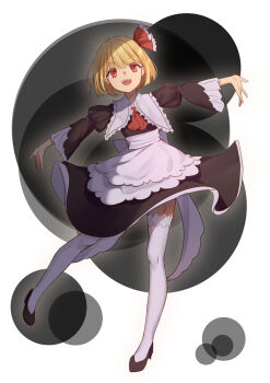 1girl :d absurdres ahoge alternate_costume apron ascot black_background black_boots black_dress blonde_hair blunt_bangs bob_cut boots chinese_commentary collared_dress dotted_background dress enmaided flat_chest garter_straps hair_ribbon high_heels highres long_sleeves looking_at_viewer maid medium_hair murasaki_satori open_mouth outstretched_arms red_ascot red_eyes red_ribbon ribbon rumia smile solo spread_arms straight-on teeth thighhighs tongue touhou two-tone_background two-tone_dress upper_teeth_only waist_apron white_apron white_background white_dress white_thighhighs