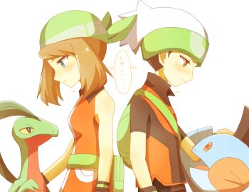 1boy 1girl backpack bag bandana bare_shoulders black_hair blue_eyes blush brendan_(pokemon) brown_eyes brown_hair closed_mouth dress fanny_pack from_side gen_3_pokemon green_bag green_bandana grovyle hand_on_another&#039;s_head hat looking_at_another marshtomp may_(pokemon) nintendo open_mouth orange_dress pokemon pokemon_(creature) pokemon_emerald pokemon_rse shared_speech_bubble shirt short_hair sleeveless sleeveless_dress speech_bubble translation_request upper_body white_background white_hat ymzmi