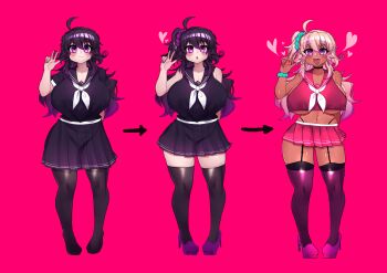 1girl :3 :o ahoge arm_behind_back black_pantyhose blonde_hair breasts crawling_dreams curvy dark-skinned_female dark_skin evolution garter_belt gyaru heart heart-shaped_pupils high_heels highres huge_breasts kogal long_hair multicolored_hair nyarla_(osiimi) osiimi pantyhose pink_background pink_shoes purple_eyes purple_footwear purple_hair revealing_clothes school_uniform shirt shoes sleeveless sleeveless_shirt symbol-shaped_pupils tan thick_thighs thighhighs thighs tongue transformation v